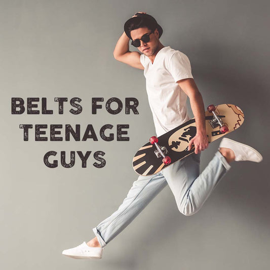 cool belts for young guys and teenage boys. Stylish young man leaping in the air while holding a skateboard and hat.