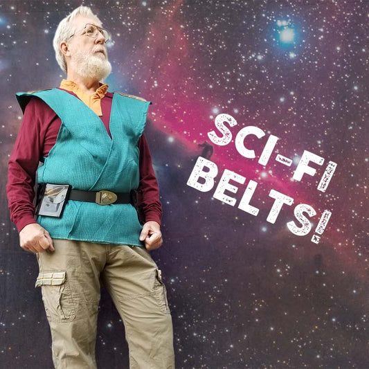 man wearing star wars inspired sci-fi belt for cosplay in a galaxy far, far away