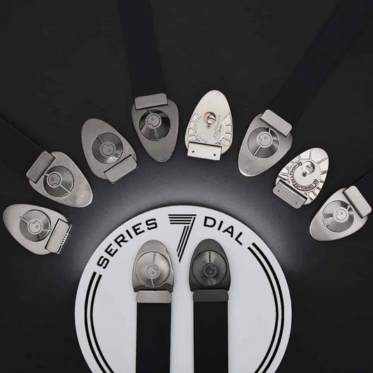 Dramatic fan of the six previous versions of the Dial belts and buckles arranged around new Series 7 Dial designs.
