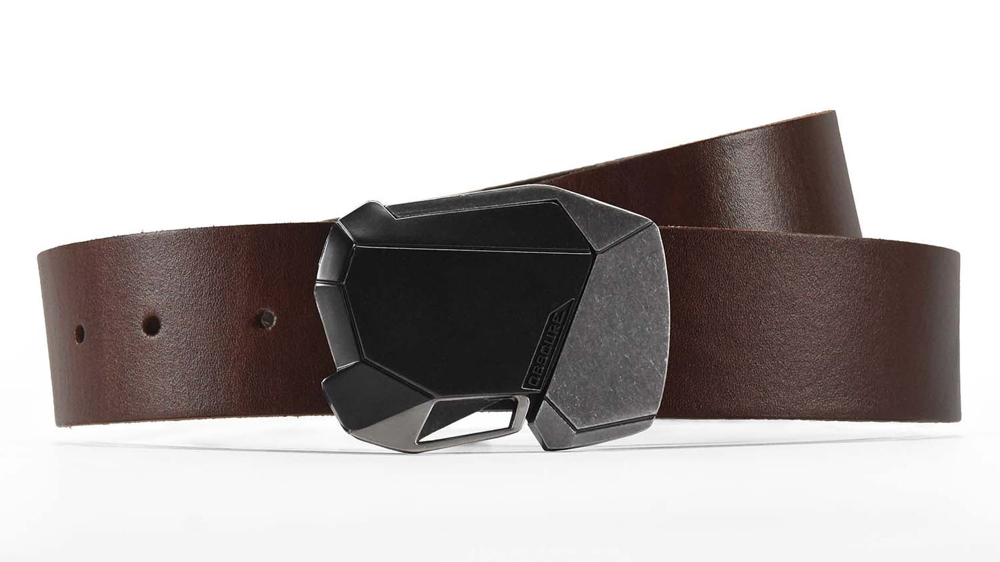 Dark brown leather belt with a futuristic black and silver buckle on a white background