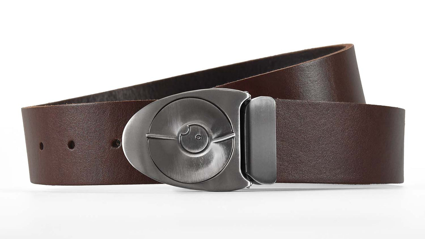 Dark Brown leather belt with a silver buckle on a white background