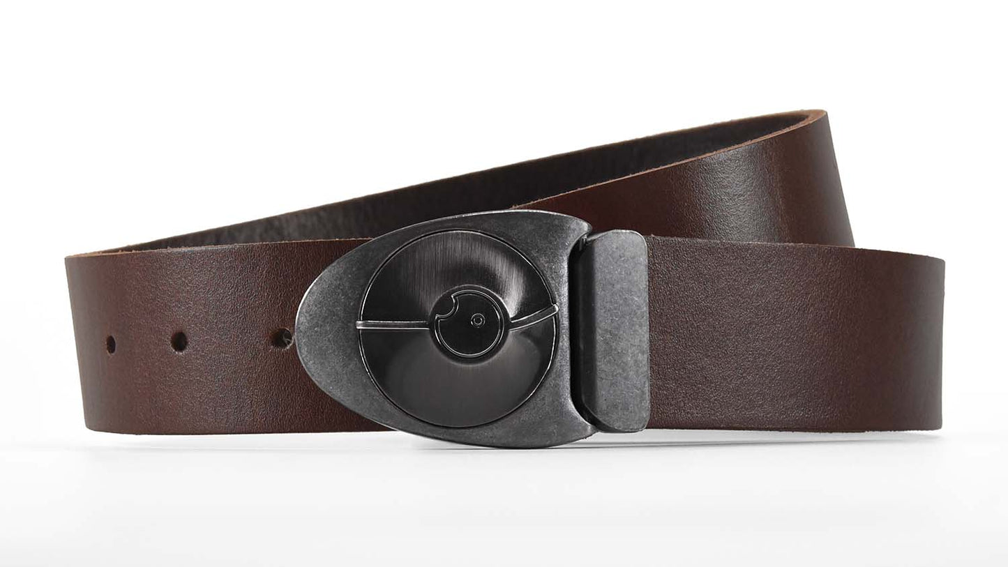 Dark brown leather belt with a magnetic dark silver and black buckle on a white background