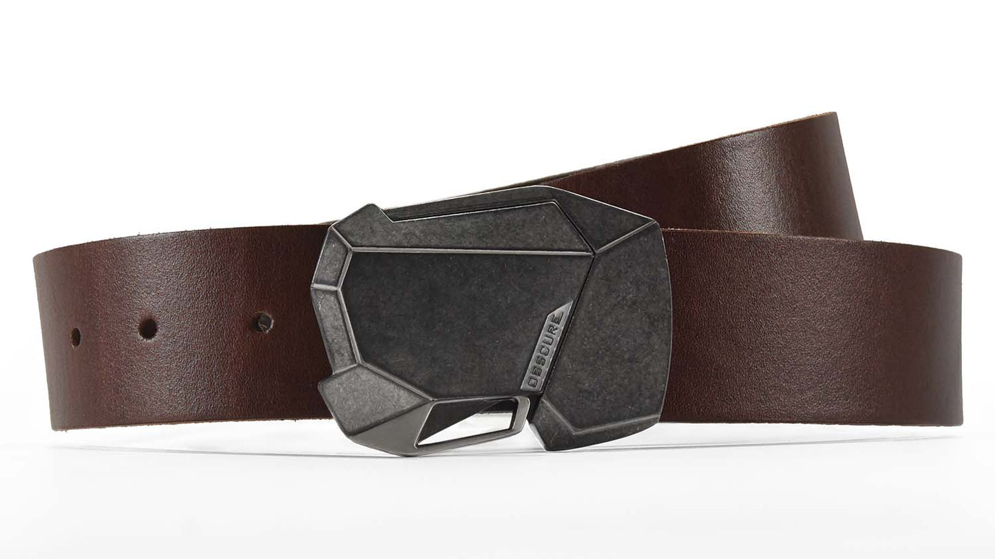 Dark Brown leather belt with a magnetic metallic buckle on a white background