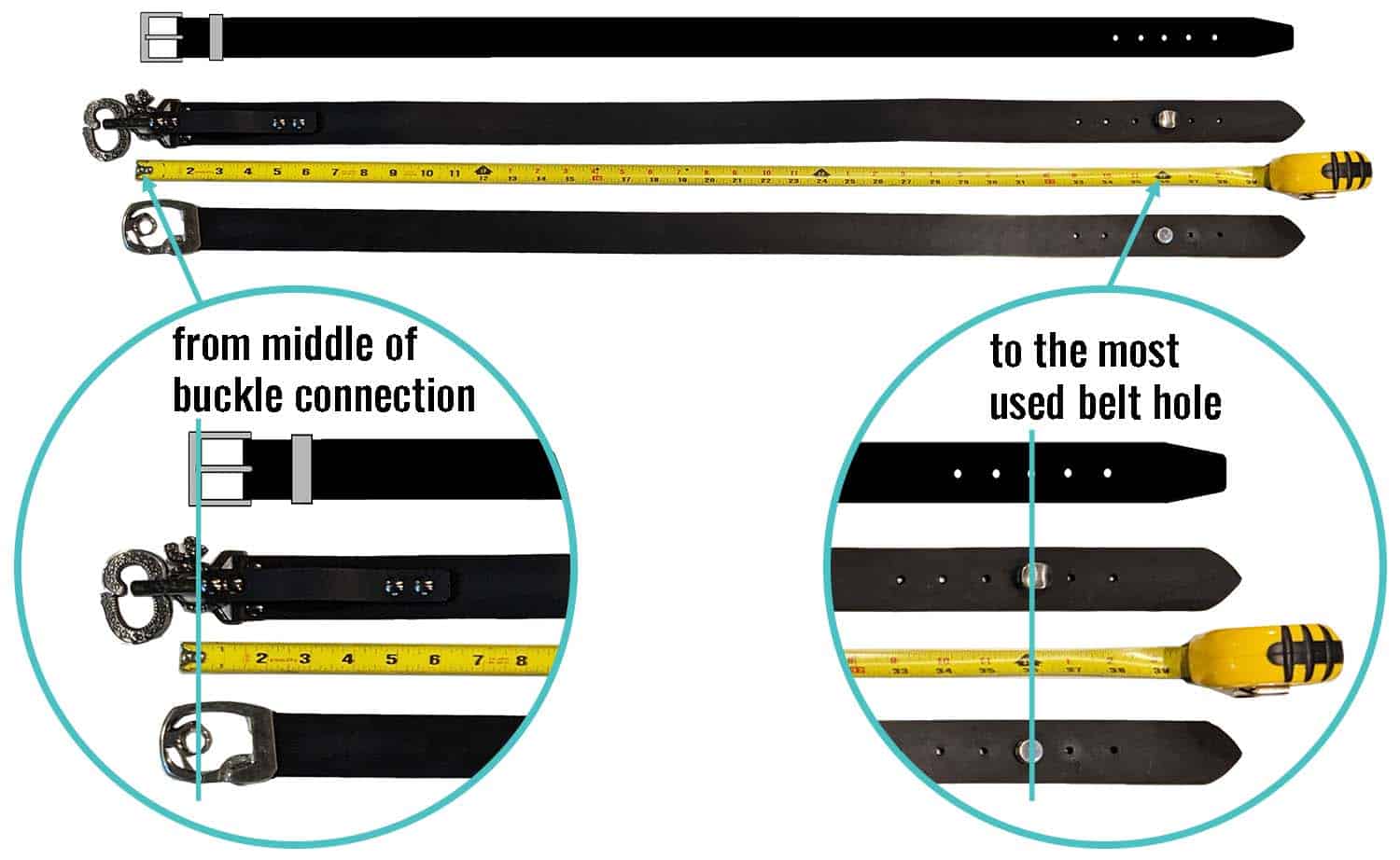 measure from Obscure Belt buckle's connection point to the most used belt hole on a flat surface with a tape measure for an accurate measurement