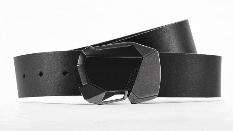 futuristic belt buckle in matte black on black leather opening and closing with the click of a button. 