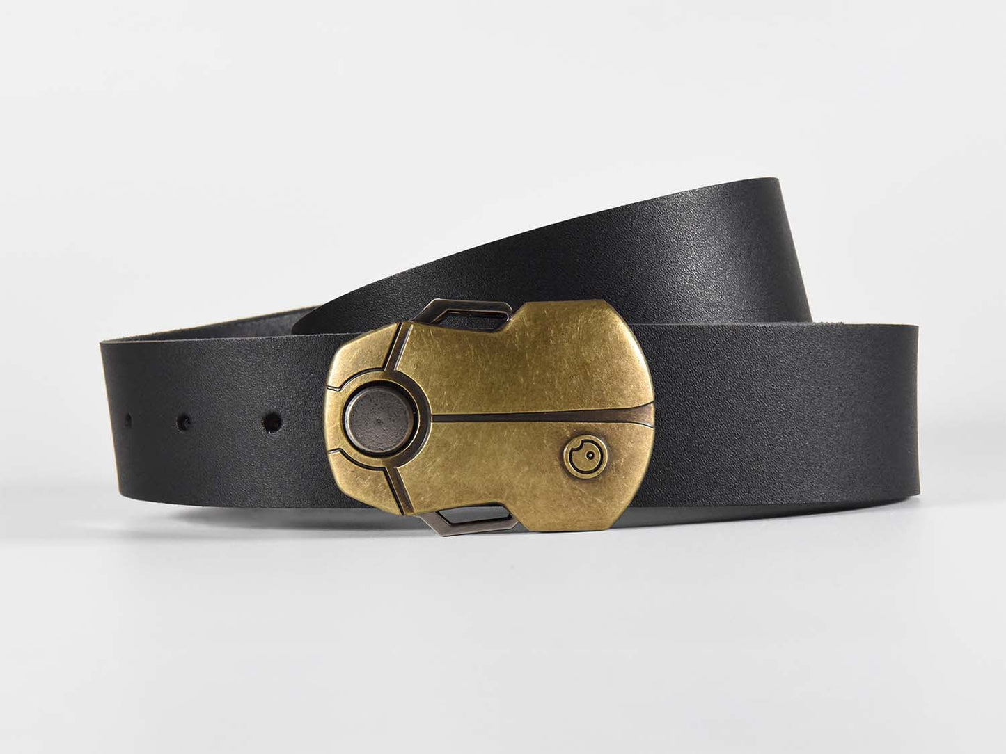 Black leather belt with a gold buckle shaped like a Scarab Beetle on a white background