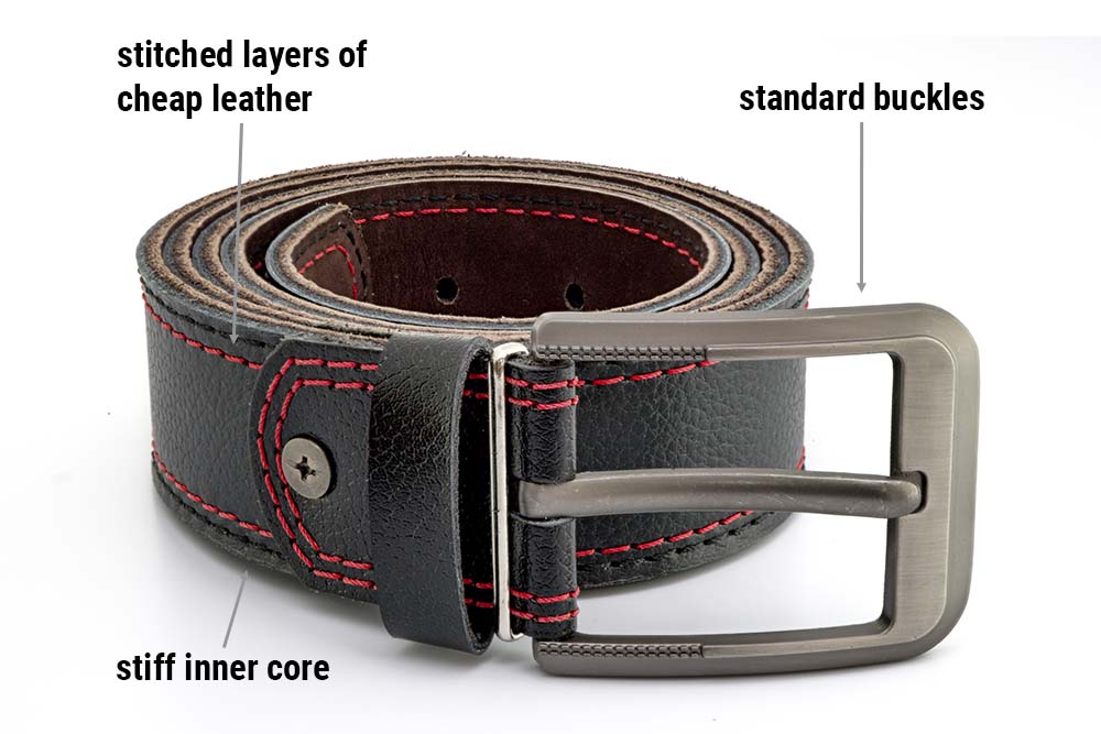 Reinforced concealed carry belts or gun belts with stitching and stainless steel buckle, similar to kore essentials ratcheting style belts