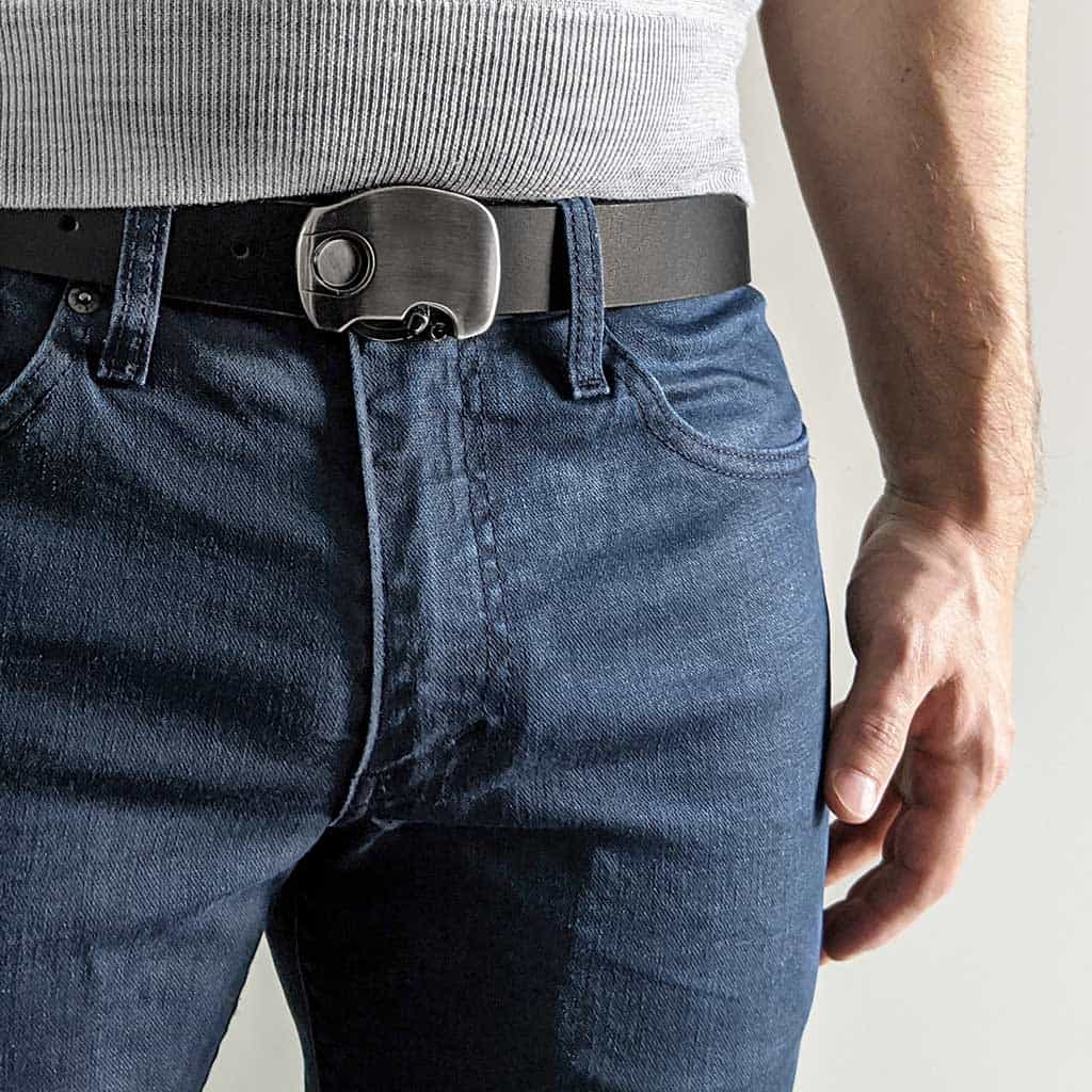 Micron simple minimalist mens dress belt. Click belt magnetic buckle. Handmade leather belt strap. Functional, wearable art.