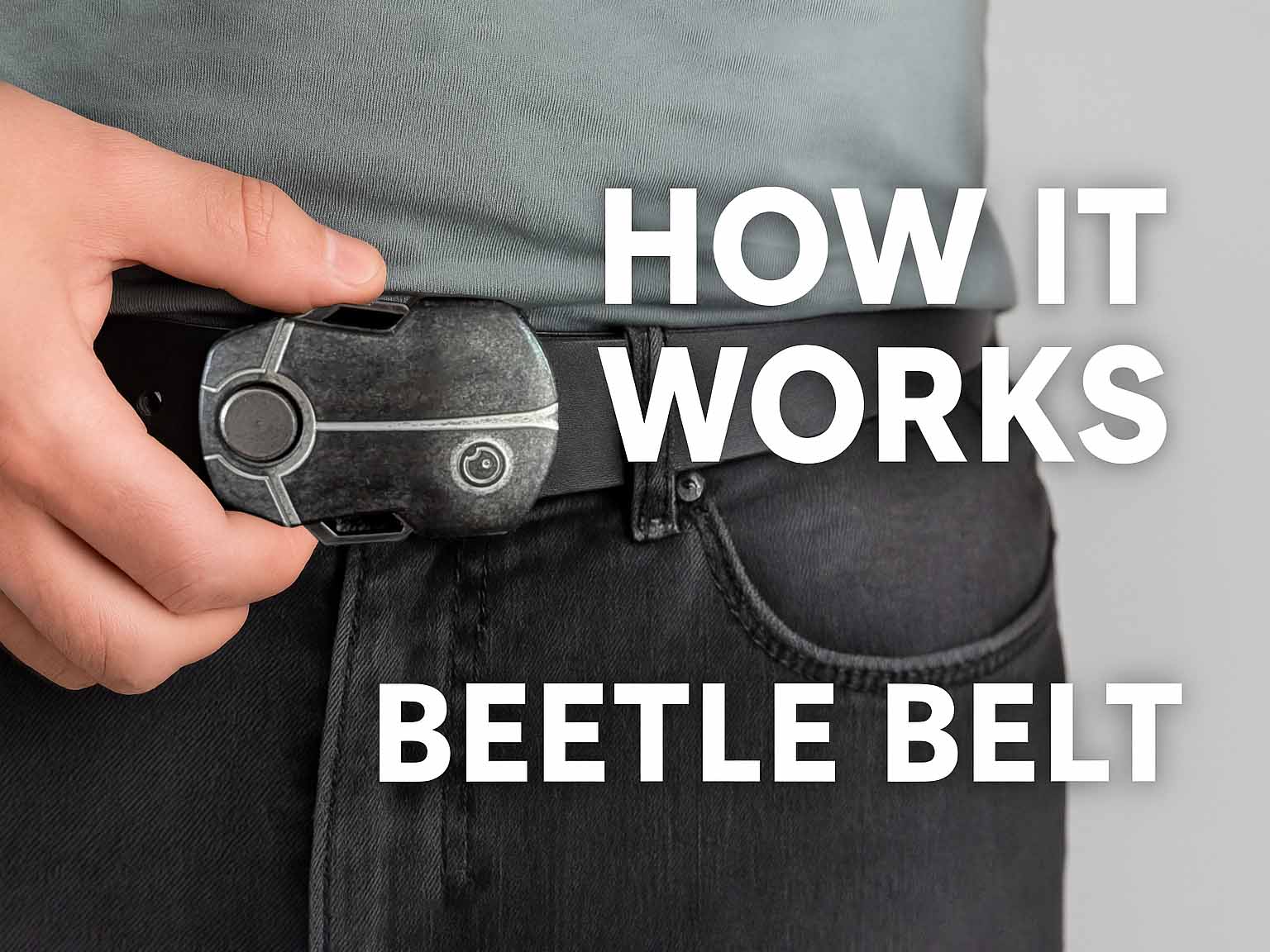 Push the wing to click open the beetle belt buckle. The metal sizing stud can be unscrewed to change the belt sizing.
