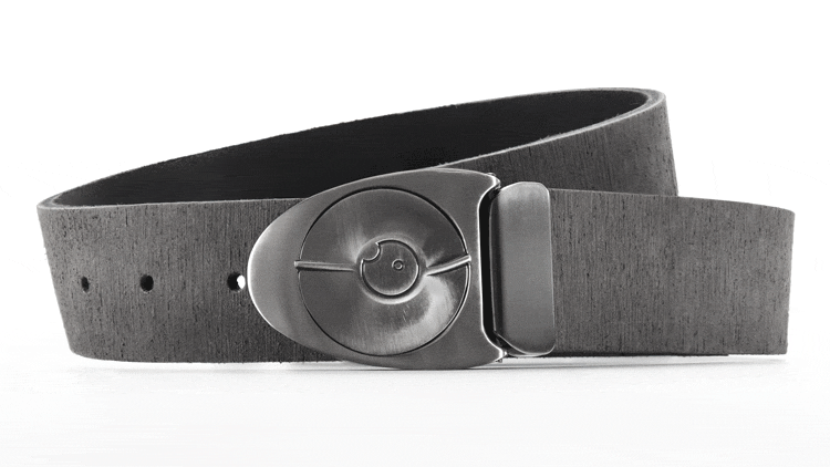 Silver belt buckle shaped like arrowhead. Turn the dial to snap open like safe lock. Distressed grey leather belt.