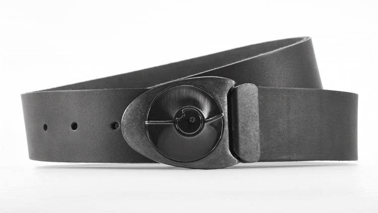 Retro futuristic Dial 7 belt buckle snaps open like a safe lock. Slate grey full grain leather belt for men and women in custom belt sizes.