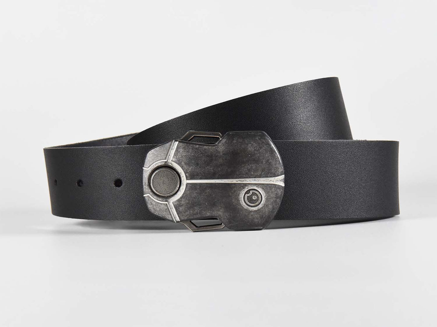 Black leather belt with a metallic buckle shaped like a Scarab Beetle on a white background