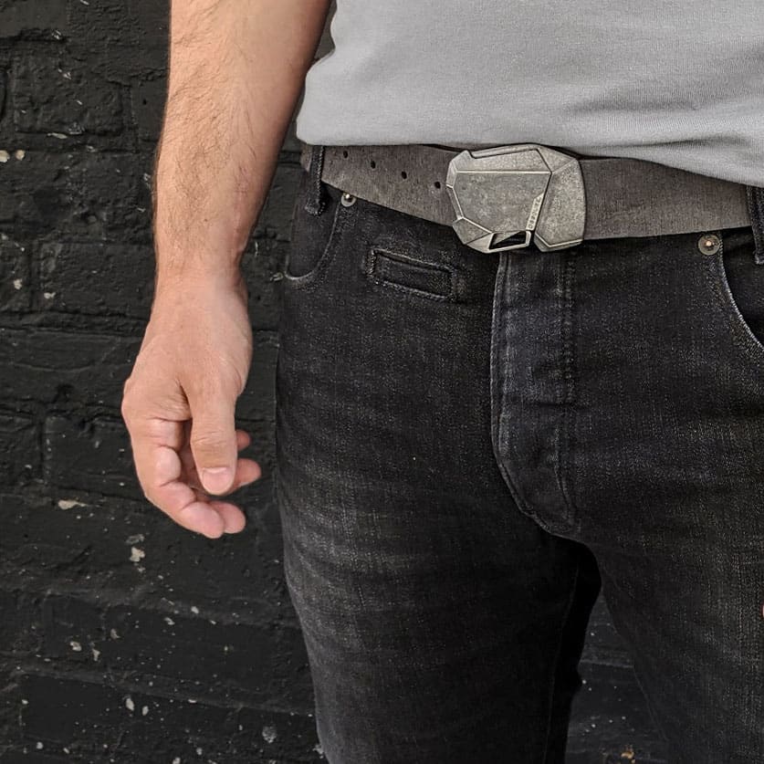 Fractal belt buckle on high quality leather belt strap. Click button to open. Cyberpunk belt design. Kickstarter project