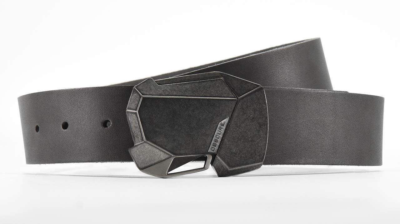 Stone Fractal cool belt buckle with magnetic click. Slate grey leather belt casual width for jeans. Handmade for futuristic clothing