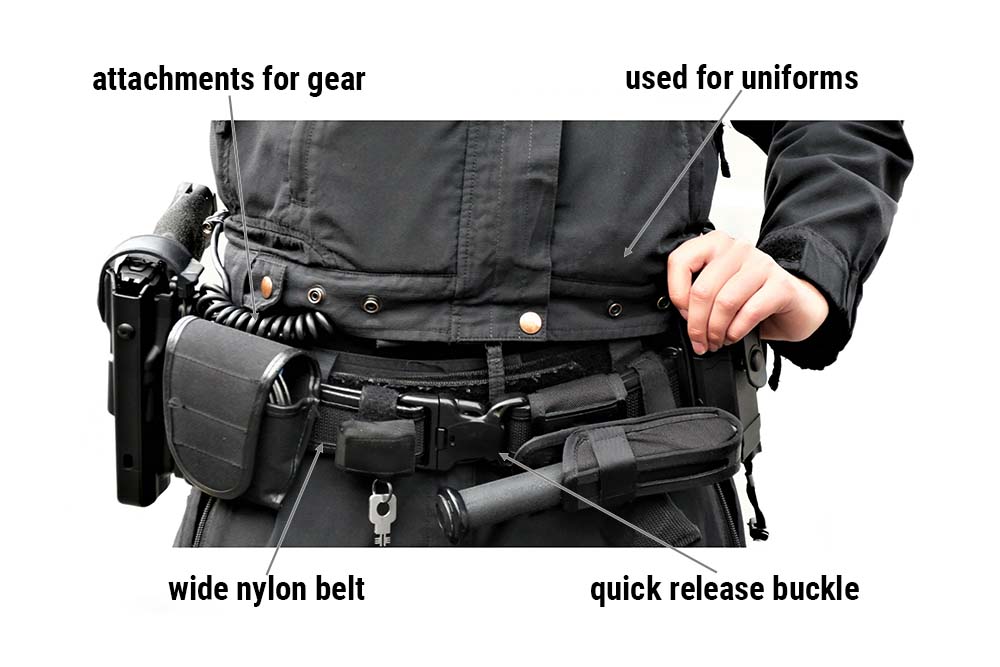 tactical gun belt worn by law enforcement officer with attachments for carrying loaded hand gun, hand cuffs, mag carrier, pepper spray and other gear