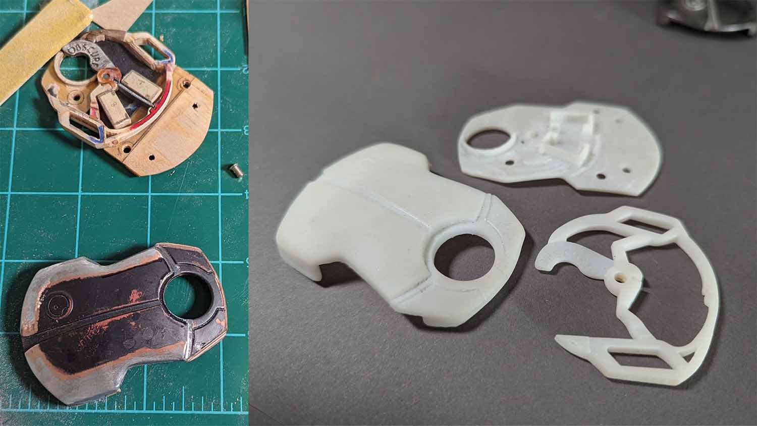 Mechanical buckle components on a green cutting mat and white plastic parts on a gray surface.