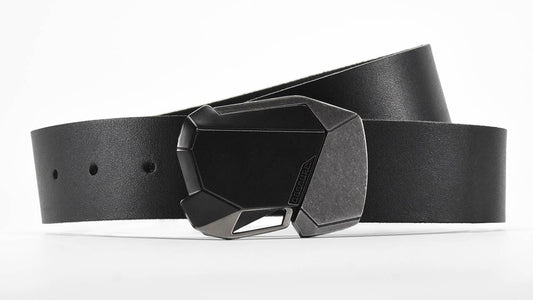 Matte Black Ops Fractal cool belt buckle with magnetic lock. Futuristic fashion style. Full grain leather belts for men. Handmade in USA.