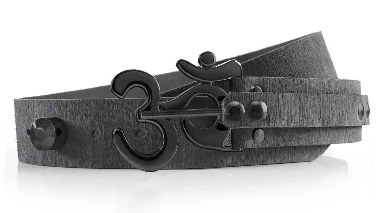 Metallic black Ohm peace symbol belt buckle. Pull pin lock. Distressed grey leather adjustable belt size. Futuristic clothing.