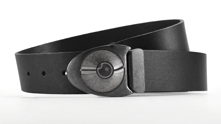 Retro futuristic Dial 7 belt buckle snaps open like a safe lock. Grey distressed American leather. Custom belt sizes. bifl edc