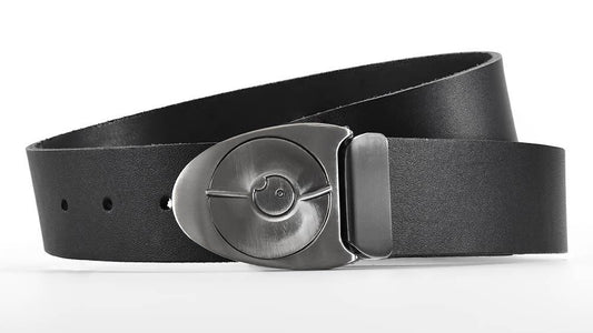 Gunmetal Dial 7 belt buckle snaps open like safe lock. Full grain American black leather. Made to order belt sizes. bifl edc