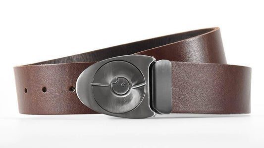 Gunmetal Dial 7 belt buckle snaps open like safe lock. Full grain American brown leather. Made to order belt sizes. bifl edc