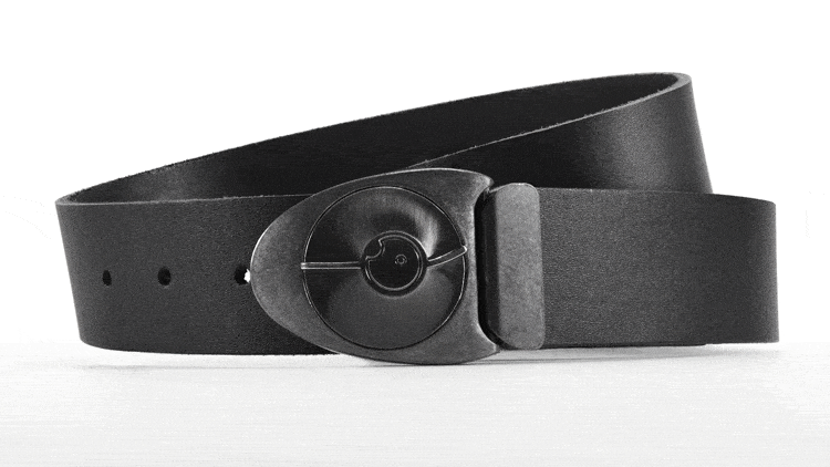 Retro futuristic Dial 7 belt buckle snaps open like a safe lock. Black leather belt. Custom belt sizes. bifl edc