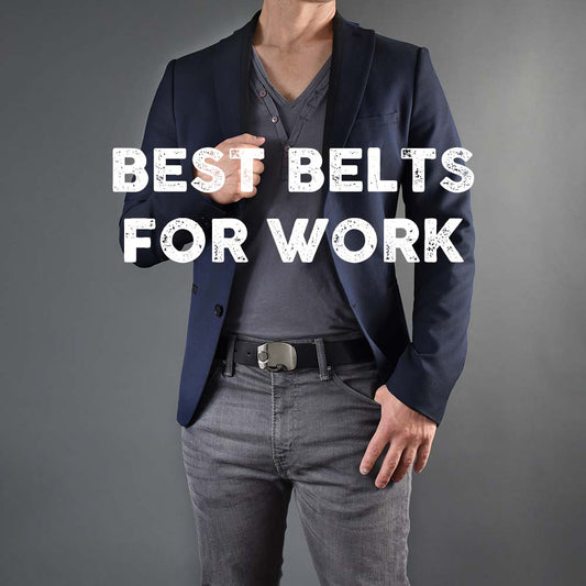 man wearing black leather work belt, navy suit jacket, and grey pants. bestbelt for work