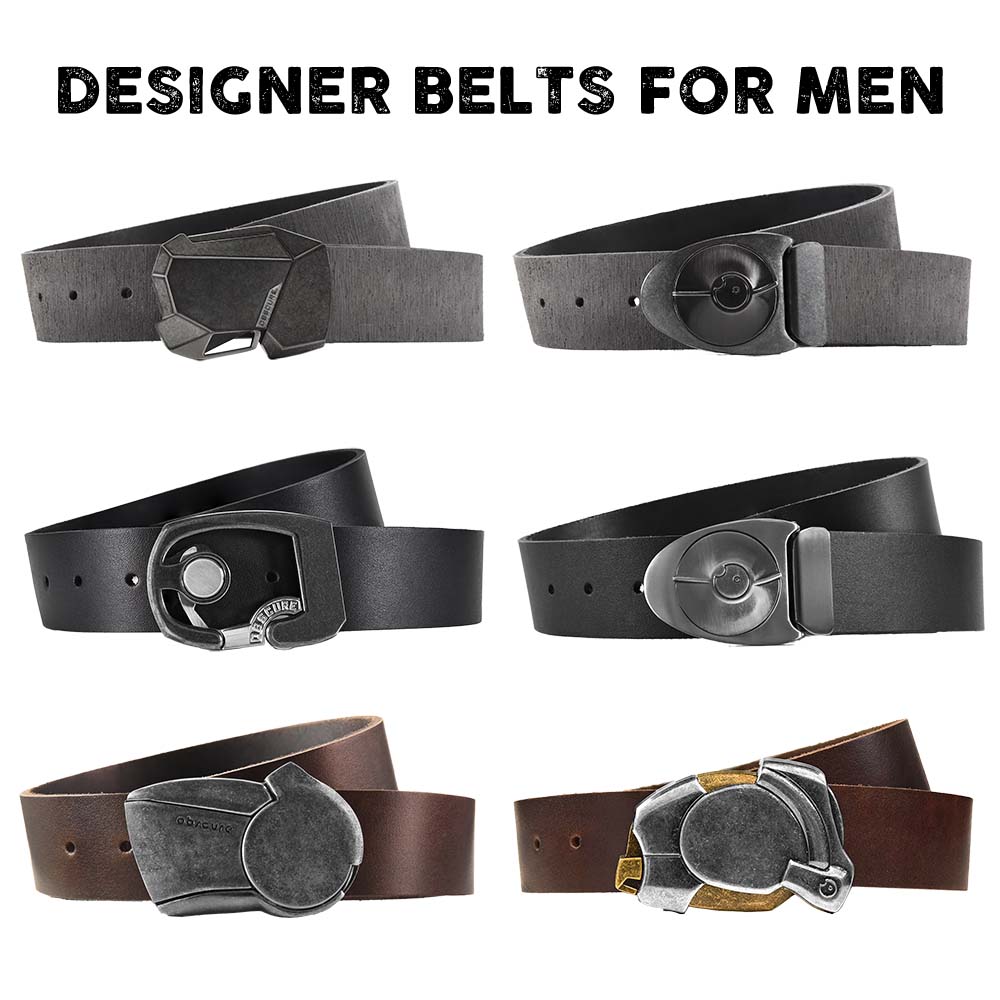 product collage with Obscure Belts' top designer belts for men. black leather belts, brown leather belts, distressed leather belts
