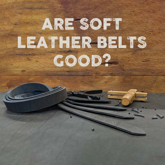 Full grain leather straps for handmade soft mens casual belts in custom sizes. Leather working tools used to make soft, flexible and durable products.