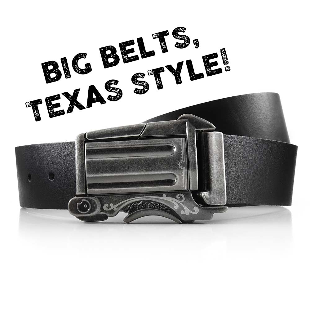 Big belts, Texas style! silver gun belt buckle on black leather belt. use the trigger button to open and close. these aren't toys!