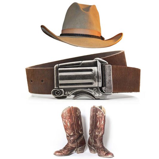 brown leather cowboy belt with gun belt buckle, cowboy hat, and well-worn cowboy boots