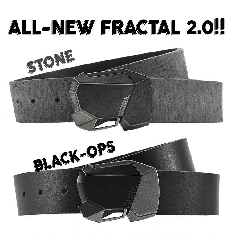the new and improved Fractal belt buckle in two great finishes - distressed stone and stealthy black ops