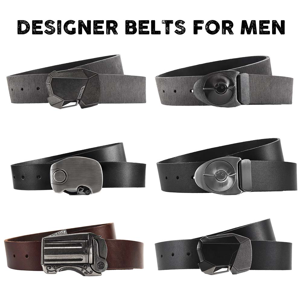 product collage with Obscure Belts' top men's designer belts. black leather belts, brown leather belts, distressed leather belts