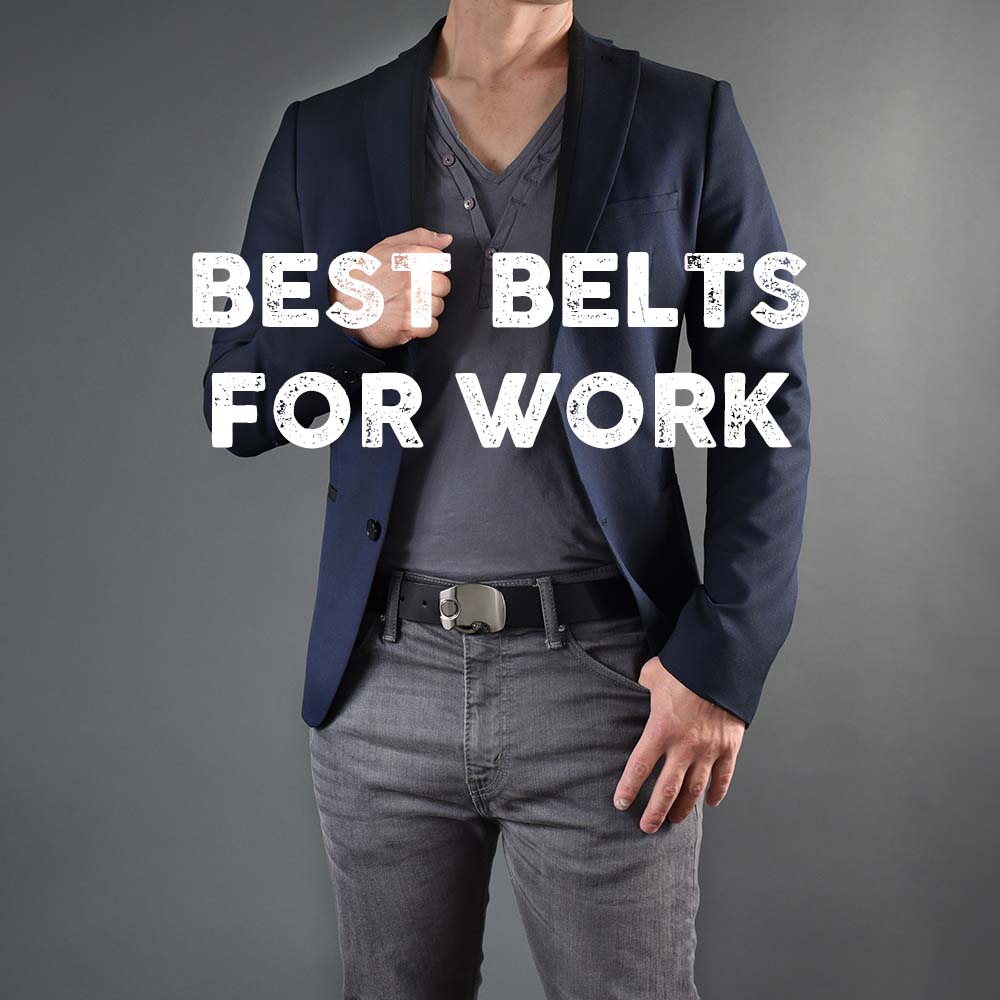 man wearing black leather dress belt for work with a navy suit jacket and grey jeans