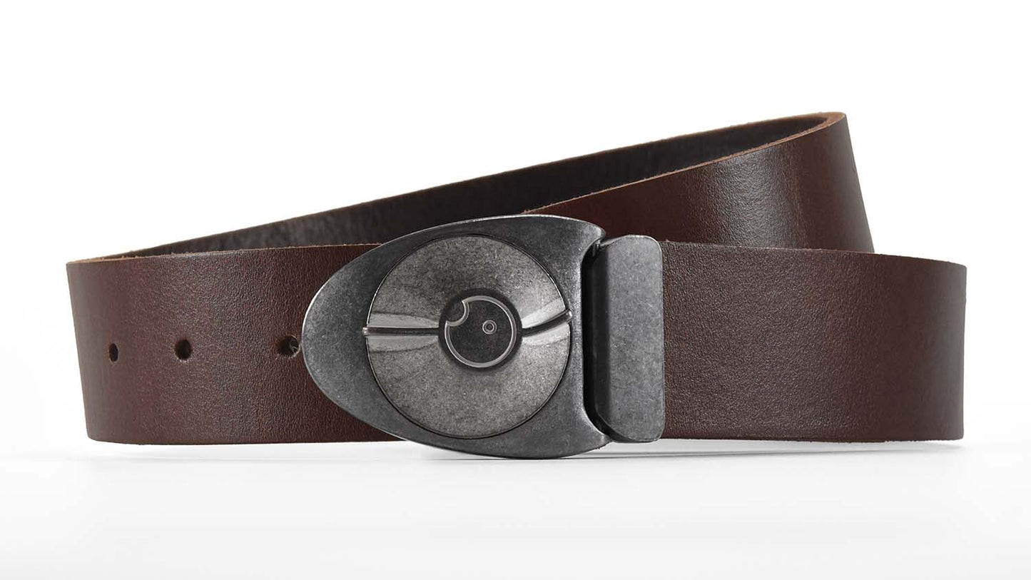 Dark brown leather belt with a magnetic metallic silver buckle on a white background