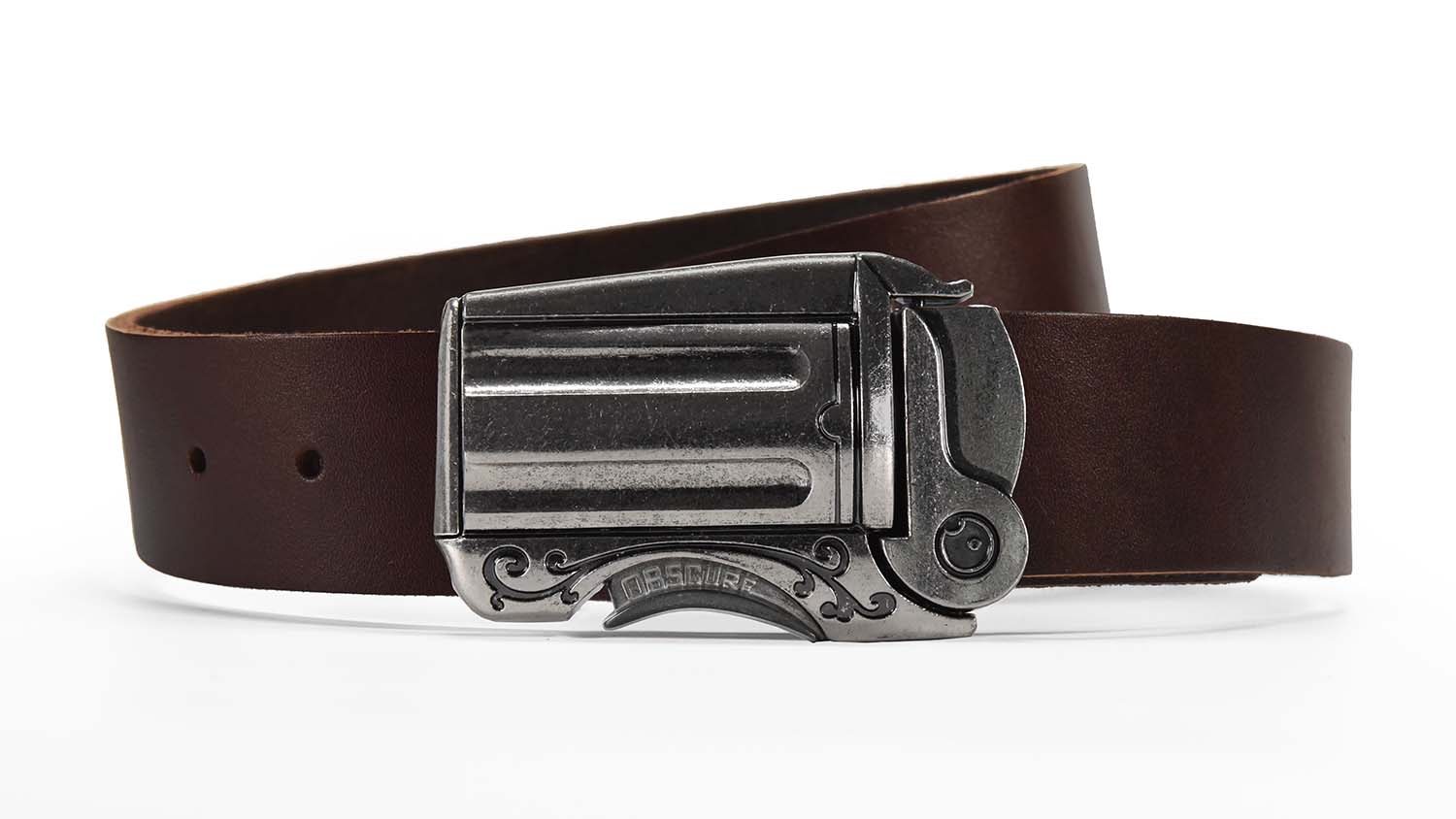Dark brown leather belt with a Gunslinger silver gun buckle on a white background