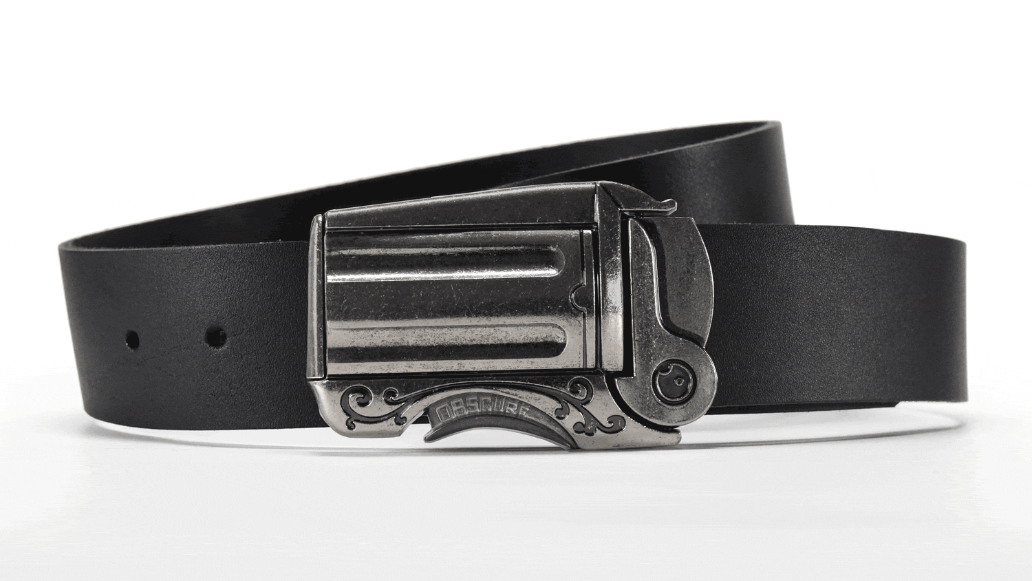 the outlaw gun belt buckle on black leather belt opens with a bang when you pull the trigger
