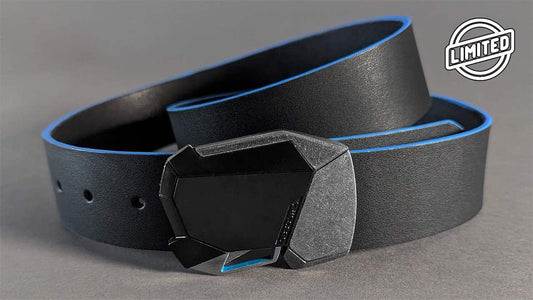 Matte Black Ops Fractal cool belt buckle with magnetic lock. Futuristic fashion style. Full grain blue leather belts for men. Handmade in USA.