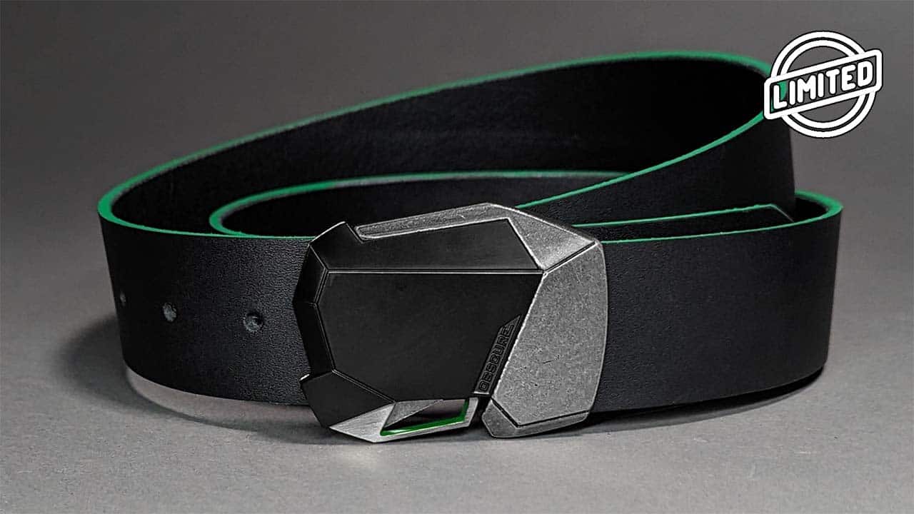 Black Ops Fractal cool magnetic click belt buckle on black and green leather belt strap. Futuristic belts for everyday wear.