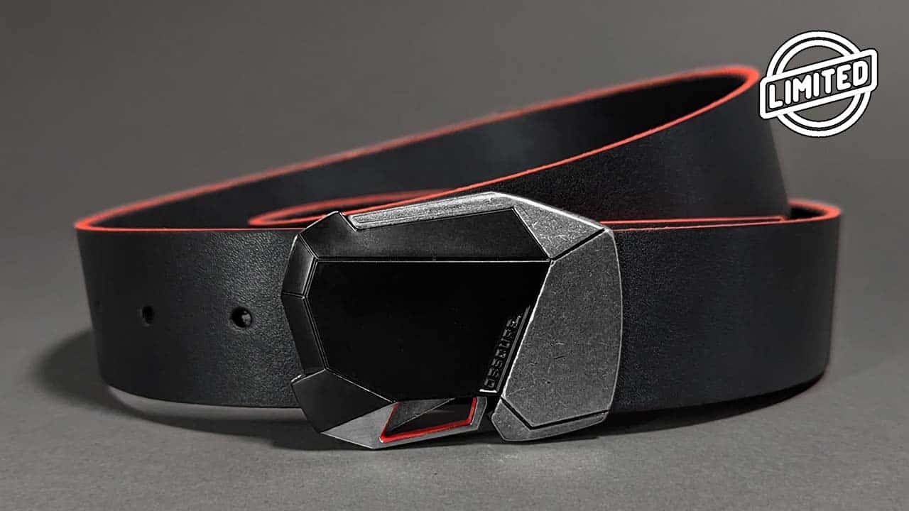 Black Ops Fractal cool belt buckle for jeans and cyberpunk pants. Black leather belts handmade with red leather edge color. 1-1/2 inch width.