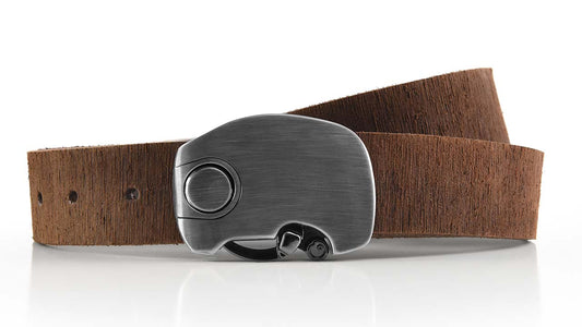 Micron understated elegant minimalist mens dress belt. Click magnetic locking belt buckle. Distressed brown leather belt strap
