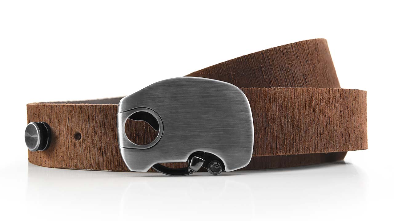 Micron elegant minimalist dress belt. Click the button to unlock the magnetic belt buckle. Distressed brown leather dress belts for men and women.