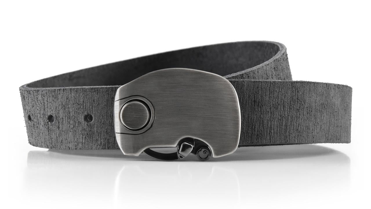 Micron understated elegant minimalist mens dress belt. Click magnetic locking belt buckle. Distressed grey leather belt strap