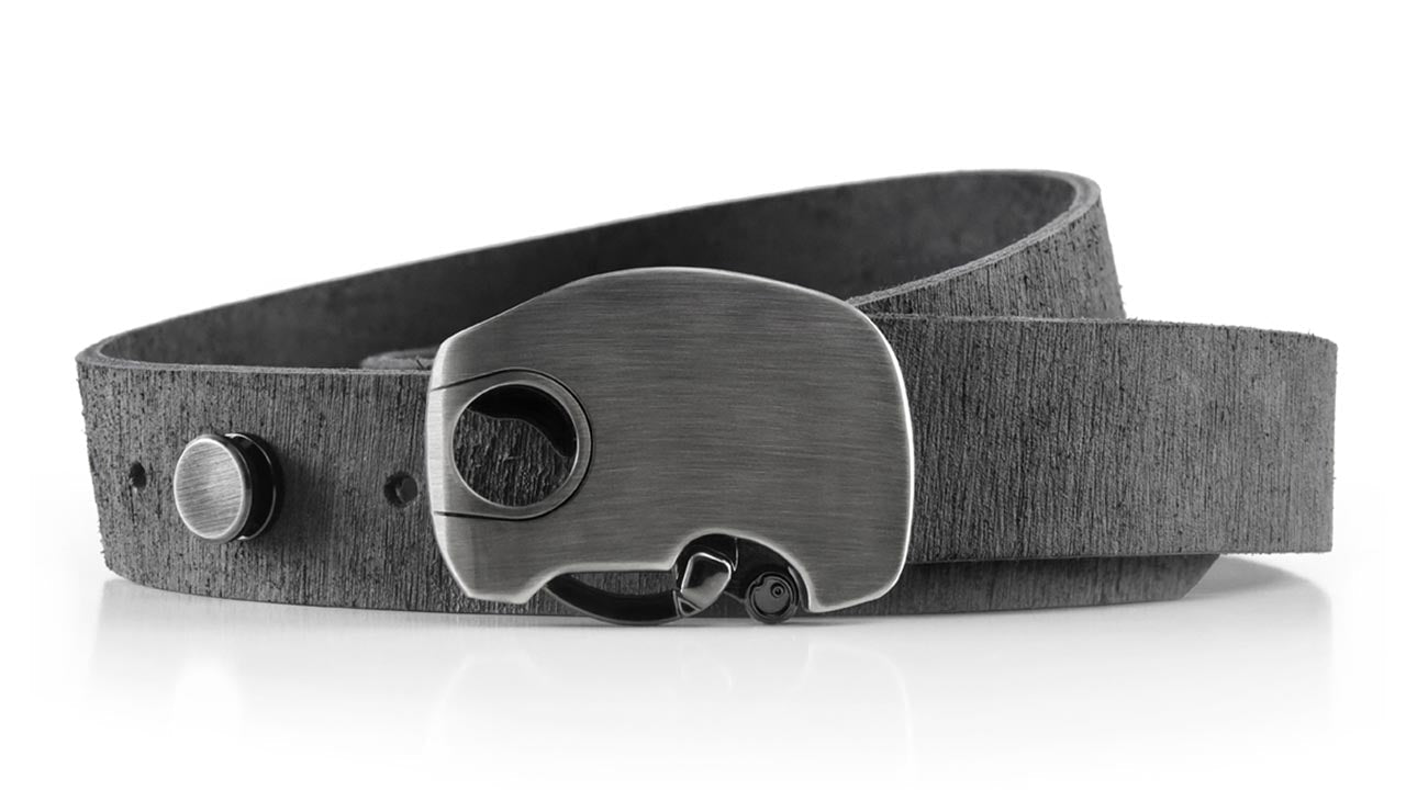 Micron elegant minimalist dress belt. Click the button to unlock the magnetic belt buckle. Distressed grey leather dress belts for men and women.