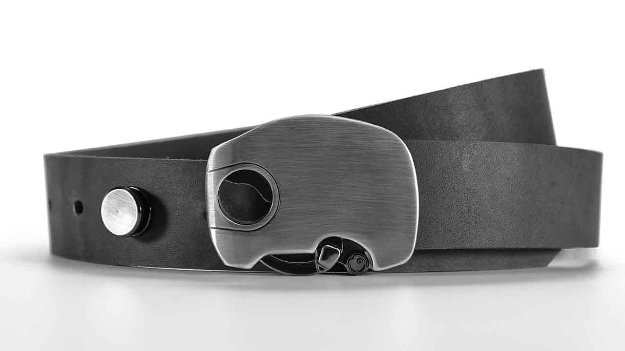 Micron understated elegant minimalist dress belt. Click magnetic locking belt buckle. Slate grey full grain leather belts.