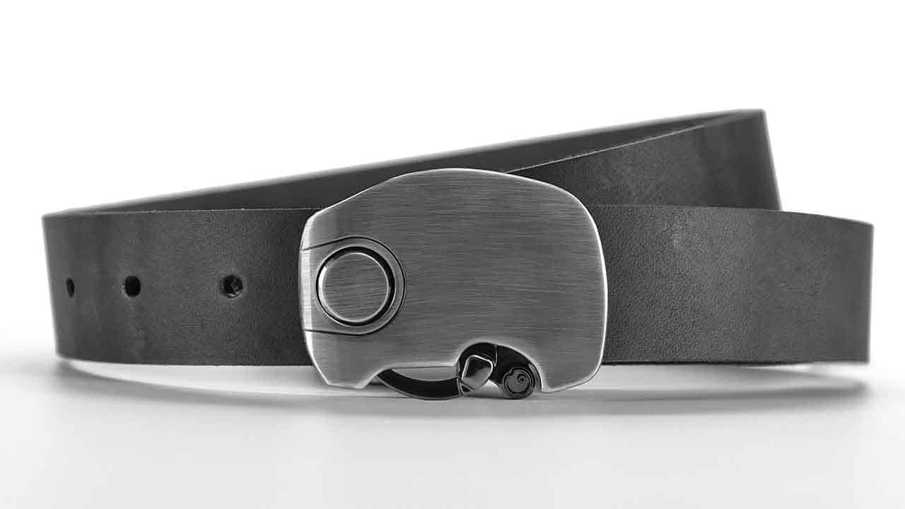 Micron understated elegant minimalist dress belt. Click magnetic locking belt buckle. Slate grey full grain leather belts.