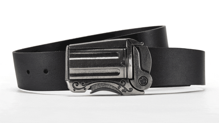 cool gun belt buckle on black leather belt. When you push the trigger a metal tab pops up that says "BANG!" and your belt unlocks.