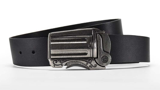 Full grain black leather belt with western gun belt buckle. Push the trigger to unlock.