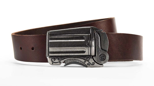 Full grain brown leather belt with western gun belt buckle. Push the trigger to unlock.