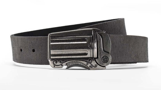 Distressed grey leather belt with western gun belt buckle. Push the trigger to unlock.